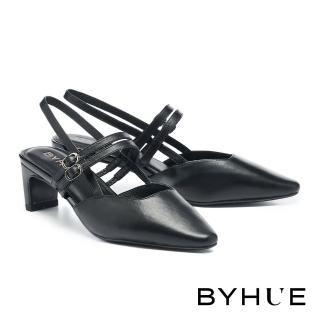 【BYHUE】簡約氣質純色雙繫帶羊皮方頭高跟鞋(黑)