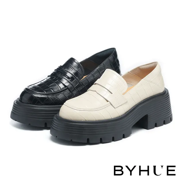 【BYHUE】質感系復古石頭紋牛油皮軟芯樂福厚底鞋(黑)