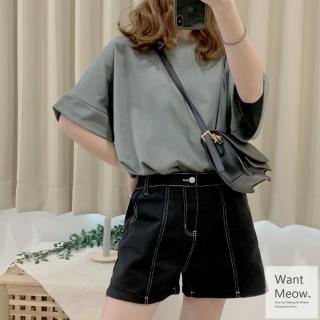 【Want-Meow】95公斤可穿/臺灣製MIT/多色寬鬆拼接袖設計上衣(大學T/短袖上衣/短T/大碼/大尺碼/加大碼)