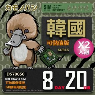 【鴨嘴獸 旅遊網卡】雙人優惠 Travel Sim 韓國 網卡 8天 20GB 高流量網卡 2入組(漫遊卡 韓國網卡 韓國上網)