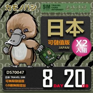 【鴨嘴獸 旅遊網卡】雙人優惠 Travel Sim 日本 網卡 8天 20GB 2入組(漫遊卡 日本上網 日本網卡)