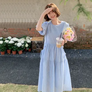 【UniStyle】現貨 韓系甜美立體泡泡紗短袖連身洋裝 女 ZM166-8217(天藍 淺綠)