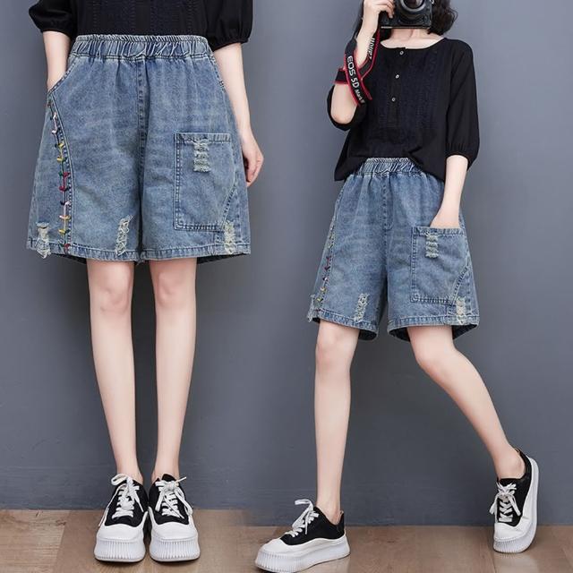 【巴黎精品】現貨+預購 牛仔褲丹寧短褲(復古寬鬆刺繡破洞女褲子a1aq6)