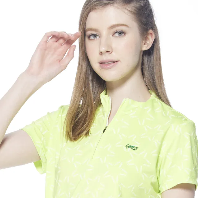 【Lynx Golf】女款吸溼排汗機能滿版Lynx字樣組合星星圖樣印花短袖立領POLO衫(果綠色)