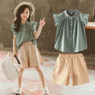 【小衣衫童裝】女童夏季套裝中大童韓版小飛袖短褲衫兩件套(1120317)