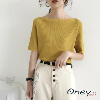【ONEY 歐妮】★韓版一字領露肩冰絲針織衫上衣(春夏/短袖上衣/平口針織/清涼透氣)