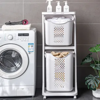 【Mr.Box】升級加大款-無印風雙向二層髒衣分類收納籃-附輪(特大籃+大籃) 