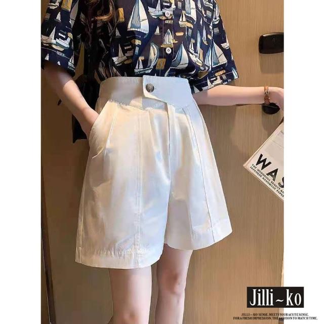 【JILLI-KO】高腰設計感休閒百搭闊腿短褲-M/L/XL(白)