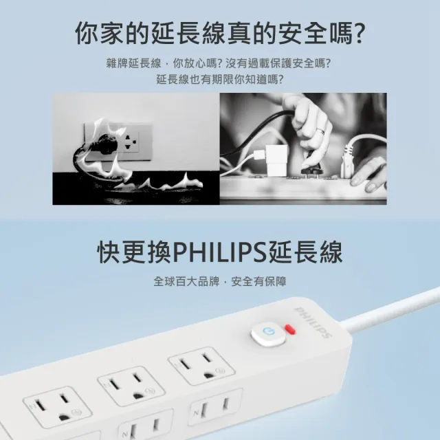 【Philips 飛利浦】5開8插雙層絕緣防火過載保護 隱藏式獨立開關安全電源延長線(6尺1.8M)