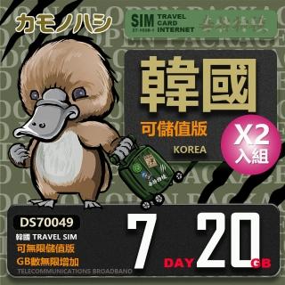 【鴨嘴獸 旅遊網卡】雙人優惠 Travel Sim 韓國 網卡 7天 20GB 高流量網卡 2入組(漫遊卡 韓國網卡 韓國上網)