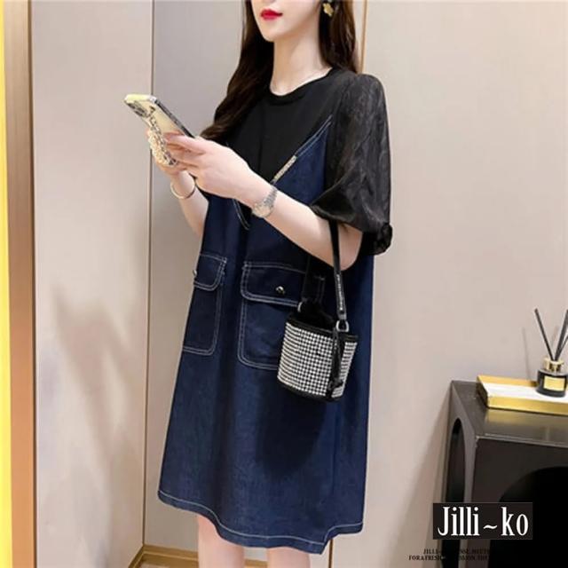 【JILLI-KO】假兩件拼接口袋牛仔連衣裙-F(黑)