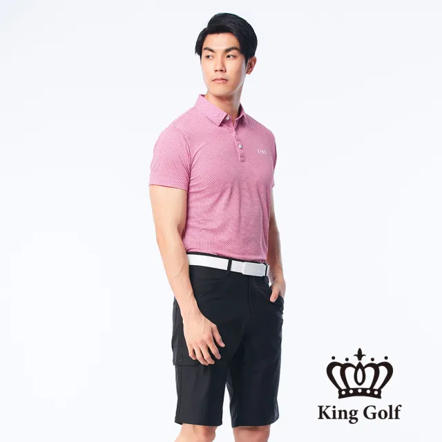 【KING GOLF】速達-網路獨賣款-男款長方形格紋印花涼感短袖POLO衫/高爾夫球衫(紅色)