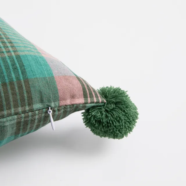 【HOLA】方格織紋POMPOM抱枕50x50cm-青綠粉