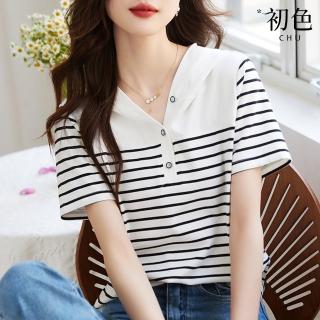 【初色】半排扣簡約拼接薄款短袖連帽T恤運動上衣女上衣-黑白條紋-67213(M-2XL可選)