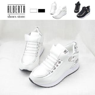 【Alberta】休閒鞋 內增高鞋 亮皮點綴字母花紋魔鬼氈穿脫金蔥鞋面厚底3cm內增高2.5cm包鞋