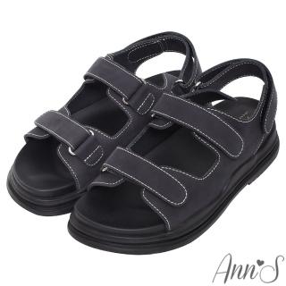 【Ann’S】霧面磨砂牛皮真皮-升級彈力厚底魔鬼氈涼鞋4cm(黑)