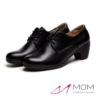 【MOM】真皮休閒鞋 粗跟休閒鞋/真皮復古繫帶造型3孔粗跟休閒鞋(黑)