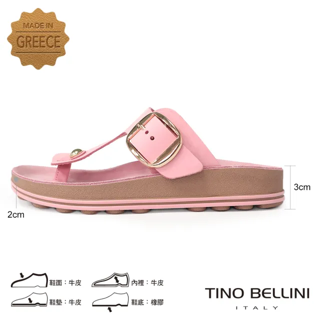 【TINO BELLINI 貝里尼】歐洲進口牛皮T字造型釦帶夾腳涼拖鞋FSQO009(粉)