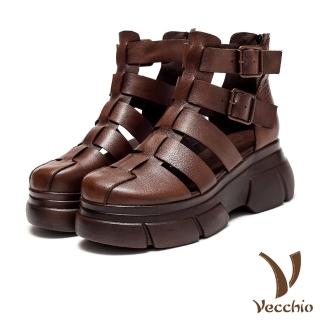 【Vecchio】真皮涼鞋 厚底涼鞋/真皮頭層牛皮個性圓頭魔鬼粘個性厚底羅馬涼鞋 涼靴(棕)
