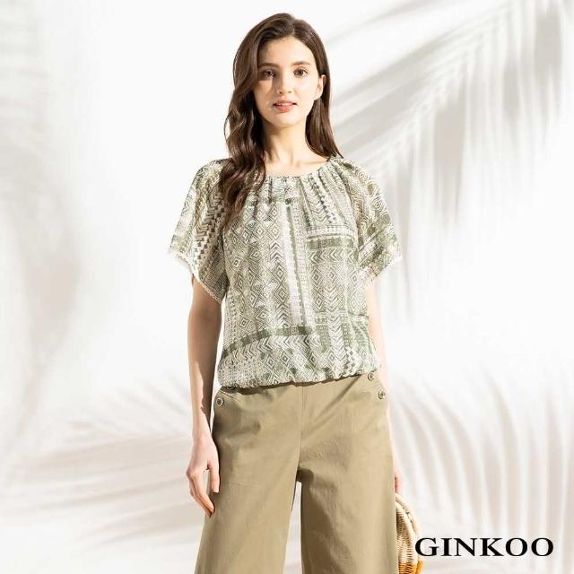 【GINKOO 俊克】下擺鬆緊印花連袖上衣