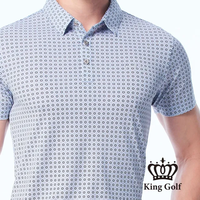 【KING GOLF】速達-網路獨賣款-男款夏日幾何圖形底紋印花涼感短袖POLO衫/高爾夫球衫(灰色)