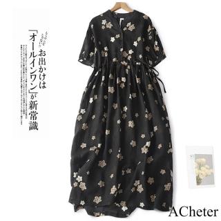 【ACheter】春夏高階歐美印花棉麻感中長版圓領五分袖寬鬆洋裝 #116546(黑色)