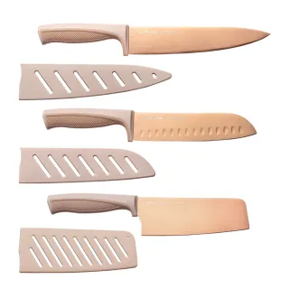 【NEOFLAM】鈦金刀具6件組-奶茶粉(6.5吋菜刀.7吋三德刀.8吋主廚刀.刀鞘x3)
