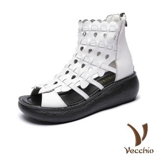 【Vecchio】真皮涼鞋 厚底涼鞋 縷空涼鞋/真皮典雅縷空花邊靴口鬆糕厚底羅馬涼鞋(白)