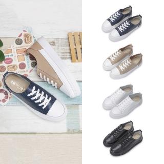 【FUFA Shoes 富發牌】真皮拼接日常休閒鞋-全黑/全白/深藍/奶茶 8050L(女鞋/懶人鞋/小白鞋/女休閒鞋)