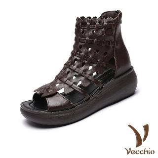 【Vecchio】真皮涼鞋 厚底涼鞋 縷空涼鞋/真皮典雅縷空花邊靴口鬆糕厚底羅馬涼鞋(咖)