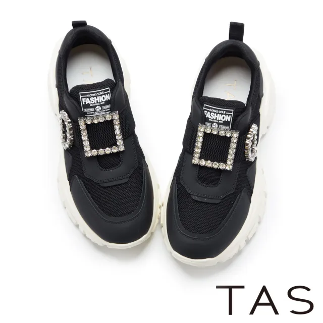 【TAS】雙材質拼接鑽飾老爹厚底休閒鞋(黑色)