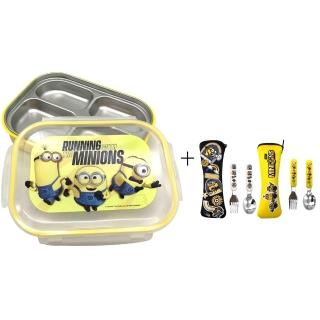 【MINIONS 小小兵】不鏽鋼附蓋餐盤+不鏽鋼餐具超值組(臺灣正版授權現貨商品)