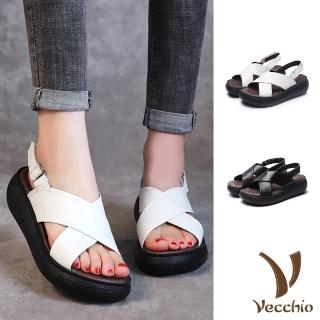 【Vecchio】真皮涼鞋 厚底涼鞋 交叉涼鞋/真皮經典交叉造型復古鬆糕厚底涼鞋(2色任選)