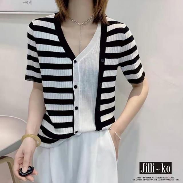【JILLI-KO】不規則條紋拼接造型薄款針織衫-F(黑白色)