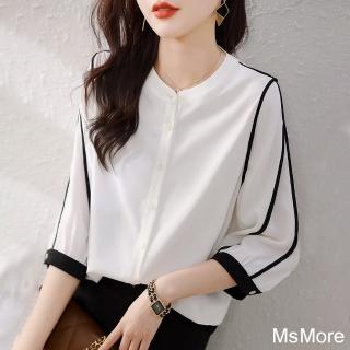 【MsMore】氣質通勤風白色簡約百搭上衣撞色七分袖圓領襯衫寬鬆短版上衣#116759(白色)