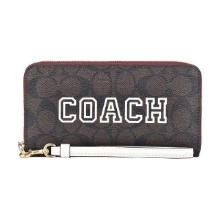 【COACH】COACH Varsity字母LOGO印花PVC拉鍊長夾(深棕x白)