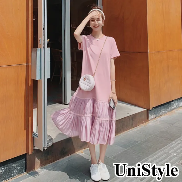 【UniStyle】現貨 短袖連身洋裝拼接百褶裙擺 清新甜美風 女 ZM202-C61(粉)
