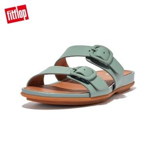 【FitFlop】GRACIE RUBBER-BUCKLE TWO-BAR LEATHER SLIDES扣環造型皮革雙帶涼鞋-女(冷藍色)