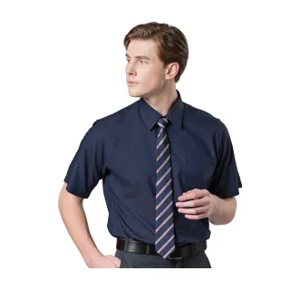 【LONRIS 儂禮士】深藍色斜紋棉質短袖襯衫(舒適透氣、棉、聚酯纖維、商務襯衫)