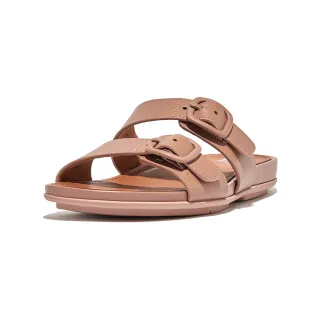 【FitFlop】GRACIE RUBBER-BUCKLE TWO-BAR LEATHER SLIDES扣環造型皮革雙帶涼鞋-女(米色)