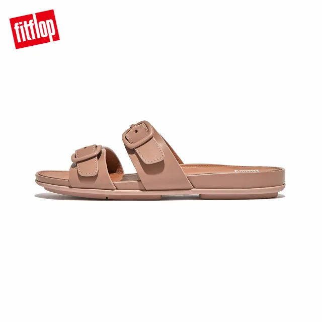 【FitFlop】GRACIE RUBBER-BUCKLE TWO-BAR LEATHER SLIDES扣環造型皮革雙帶涼鞋-女(米色)