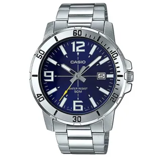 【CASIO 卡西歐】超清晰防水50米日期顯示不鏽鋼指針錶-藍面數字時刻(MTP-VD01D-2B)