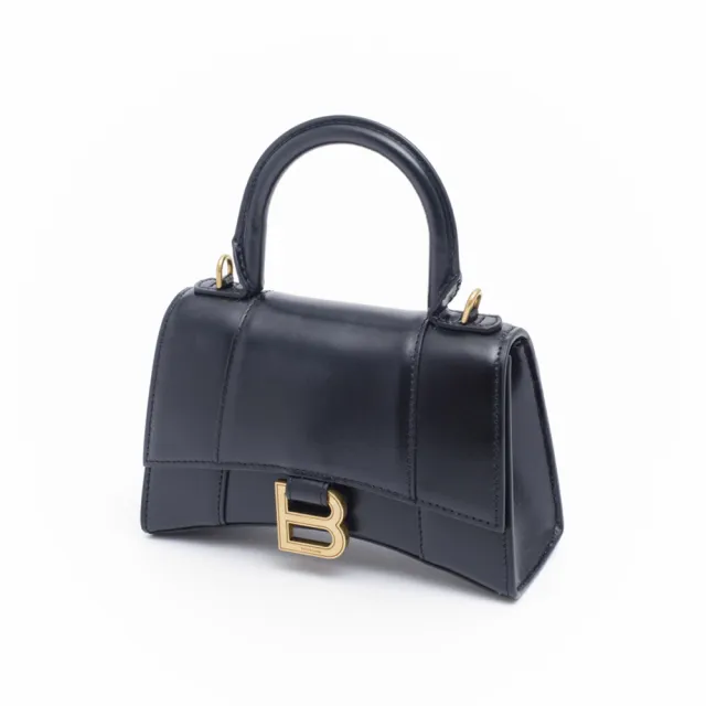 【Balenciaga 巴黎世家】HOURGLASS 經典B LOGO 沙漏包 XS 黑色 小牛皮 手提包 肩背包(佳節送禮首選)