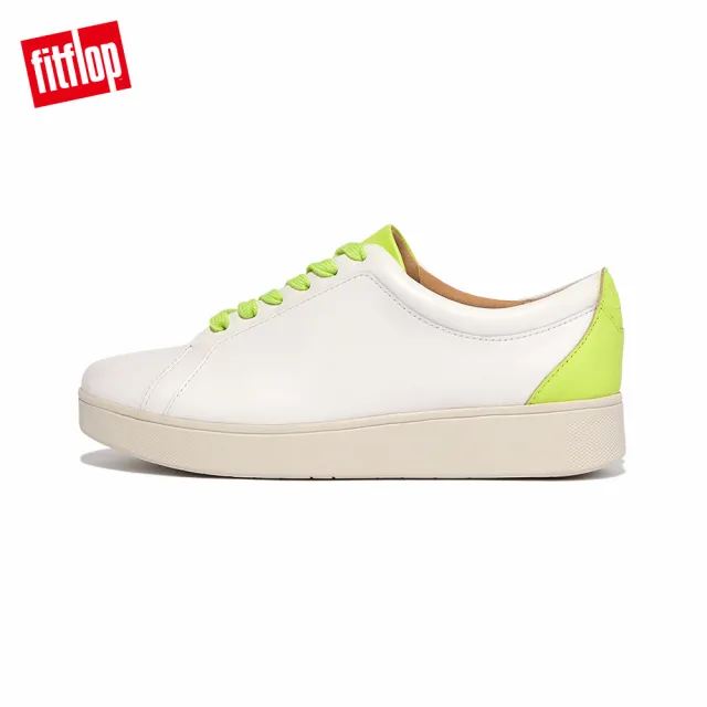 【FitFlop】RALLY NEON-POP LEATHER SNEAKERS螢光撞色繫帶休閒鞋-女(都會白/熒光黃)