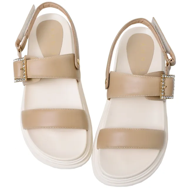 【Ann’S】頂級牛皮方鑽兩穿-升級彈力厚底魔鬼氈涼鞋4cm(杏)