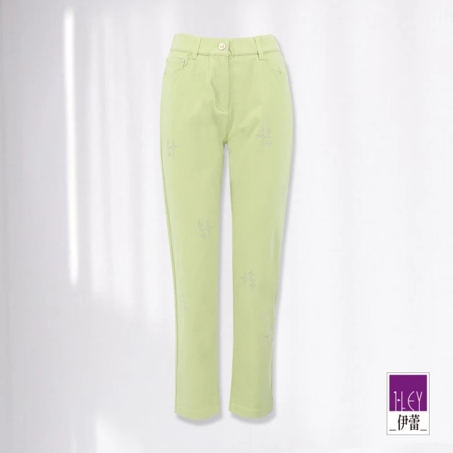 【ILEY 伊蕾】星星燙鑽造型棉質彈性粉彩牛仔褲(綠色；M-XL；1232338615)