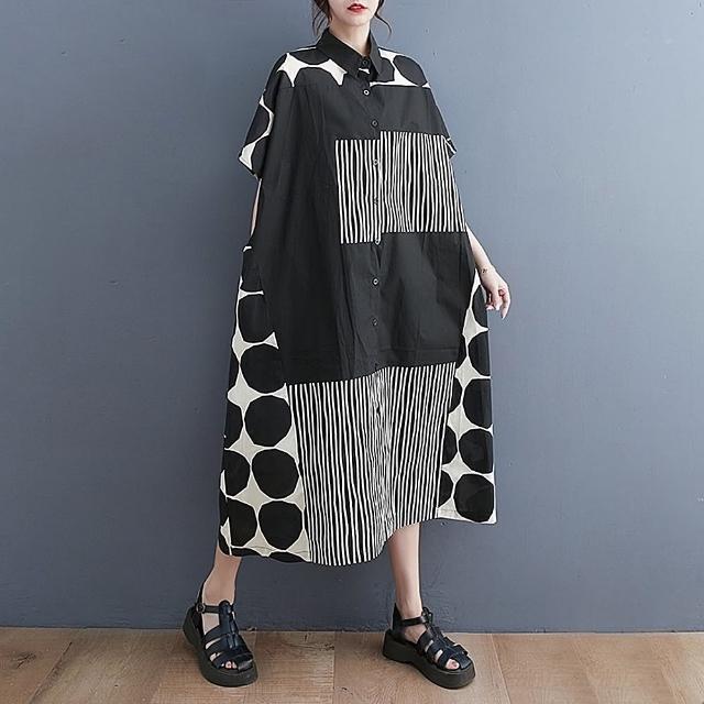 【米蘭精品】現貨+預購 洋裝短袖連身裙(基本款線條與圓點襯衫女裙子74dy51)