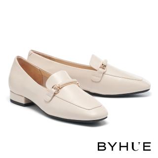 【BYHUE】韓系質感造型鼓帶全真皮軟芯樂福低跟鞋(粉)