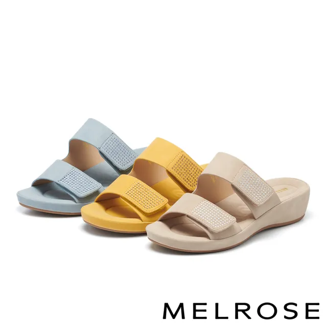 【MELROSE】質感寬版條帶水鑽楔型高跟拖鞋(黃)
