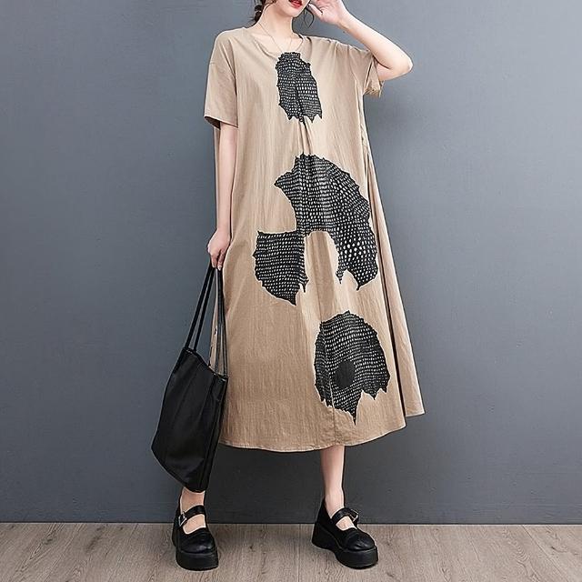 【米蘭精品】現貨+預購 洋裝短袖連身裙(日系抽象感印花女裙子2色74dy27)